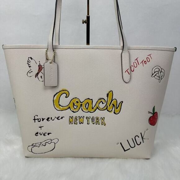Coach City Tote Bag With Sketch Print Double Face Leather Chalk Multi - Picture 4 of 11